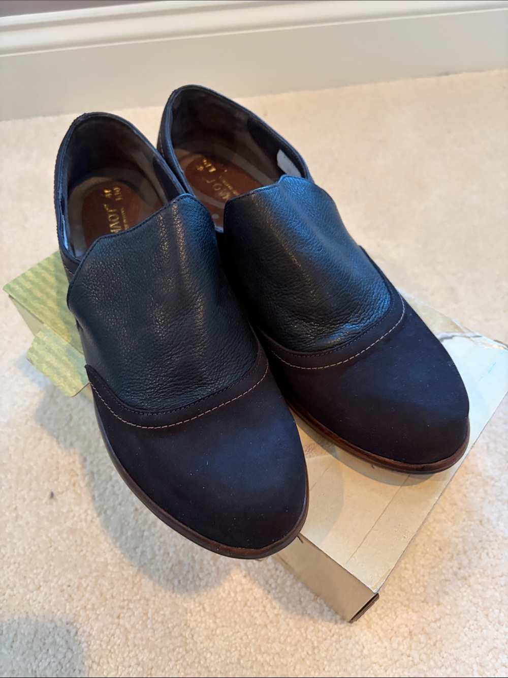 NAOT Black Leather and Suede Classic Slip-On Loafers